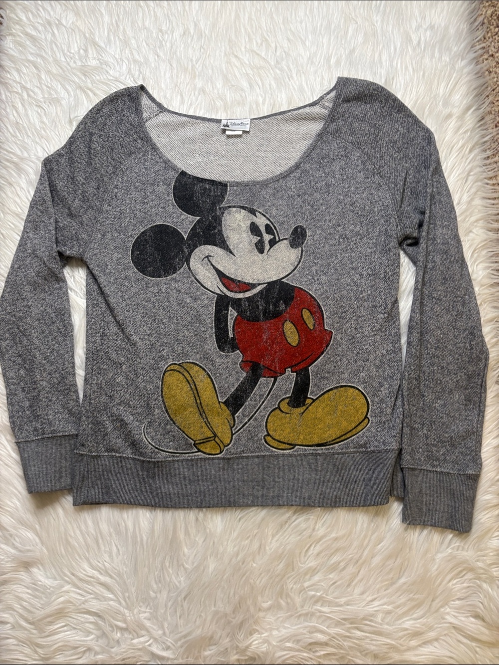 Disney Gray Scoop Neck Sweatshirt with Mickey Graphic and Red & Yellow Accents